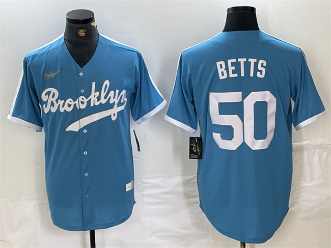 Men's Los Angeles Dodgers #50 Mookie Betts Light Blue Throwback Cool Base Stitched Baseball Jersey